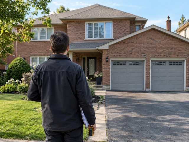 A home appraiser with a clipboard, seen from behind, on the front walk of a 1980s brick two-storey house with a double garage