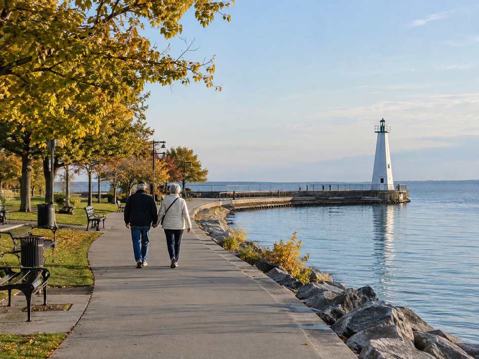 Two older people walking along a lakeside path in Burlington toward a pier with a white beacon on Lake Ontario