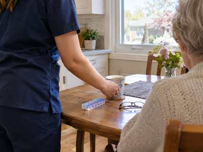 A personal support worker in navy scrubs sets down a cup of tea for an older woman at a kitchen table, with a pill organiser and reading glasses on the table