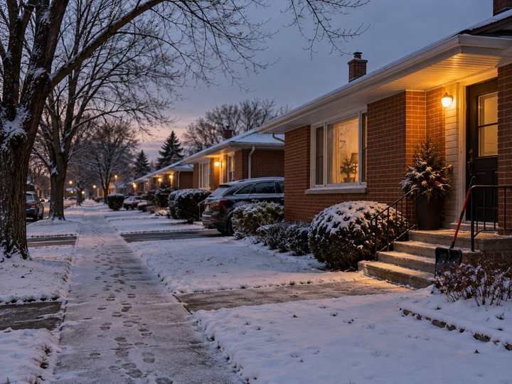 First light snow on a Burlington street of 1960s brick bungalows at dusk, porch lights on