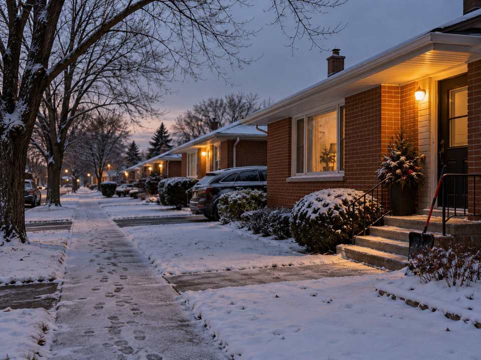 First light snow on a Burlington street of 1960s brick bungalows at dusk, porch lights on