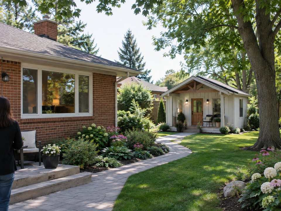 A small modern one-storey garden suite with a front porch behind a 1960s brick bungalow, joined to it by a garden path