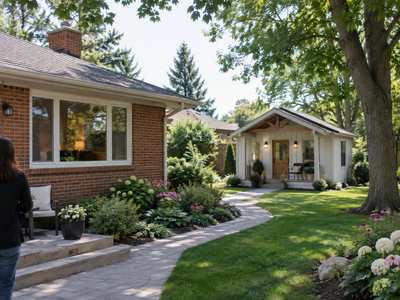 A small modern one-storey garden suite with a front porch behind a 1960s brick bungalow, joined to it by a garden path