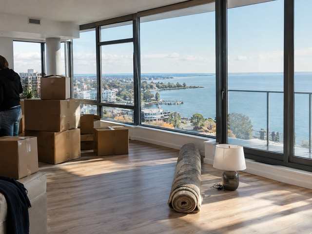 Moving boxes stacked in a bright, empty condo with floor-to-ceiling windows looking out over Lake Ontario