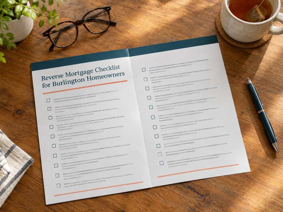 A printed two-page reverse mortgage checklist on a kitchen table next to reading glasses, a pen and a cup of tea
