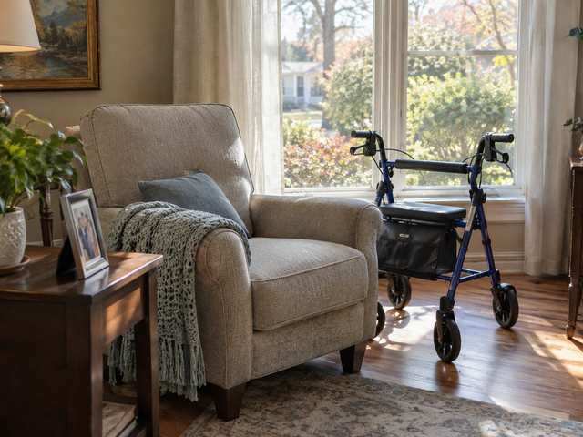 A sunlit room with an armchair, a rolling walker and a knitted blanket by the window