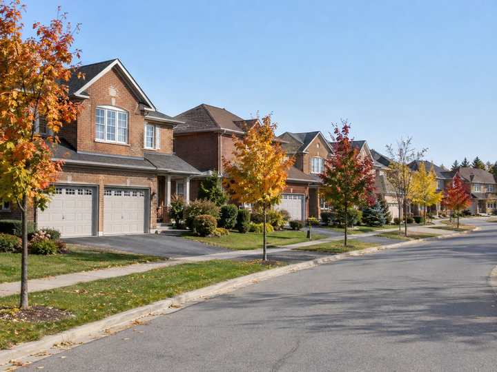 A curving street of 1980s and 1990s two-storey brick houses with double garages and young trees in autumn colour