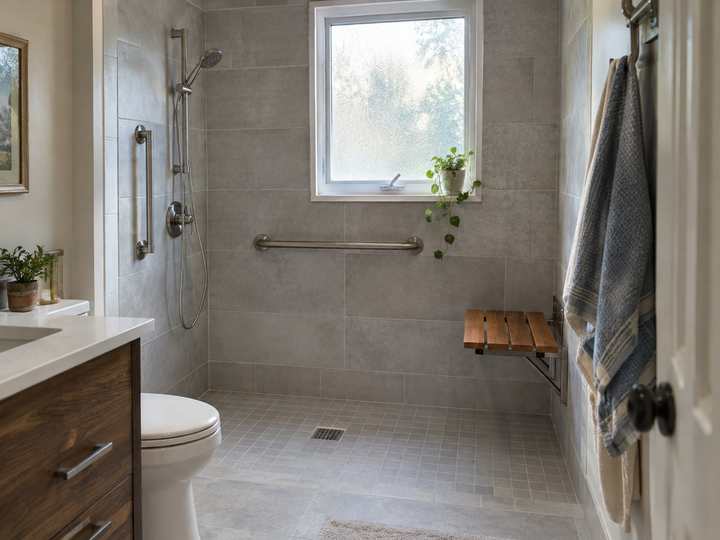 A renovated bathroom with a curbless walk-in shower, a fold-down teak seat, grab bars and a handheld shower head